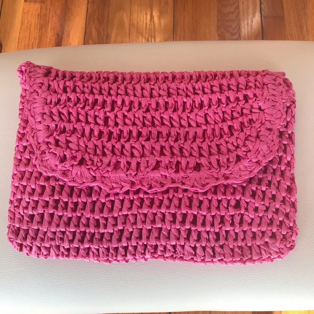 Pink Raffia Straw Clutch Woven Handbag, Feminine Summer Resort Vacation, New